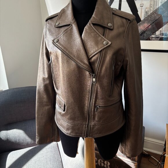 Banana Republic Metallic Leather Moto Jacket, MEDAL BRONZE Medium - Picture 1 of 15